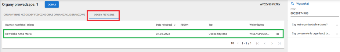 okno z wyszukanymi danymi 