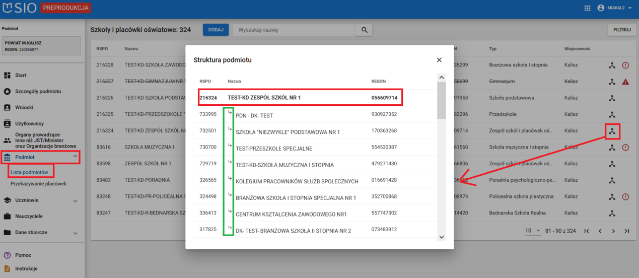 Okno z zaznaczoną ikonką struktury jednostki oraz okno z wykazem struktury wybranego podmiotu  