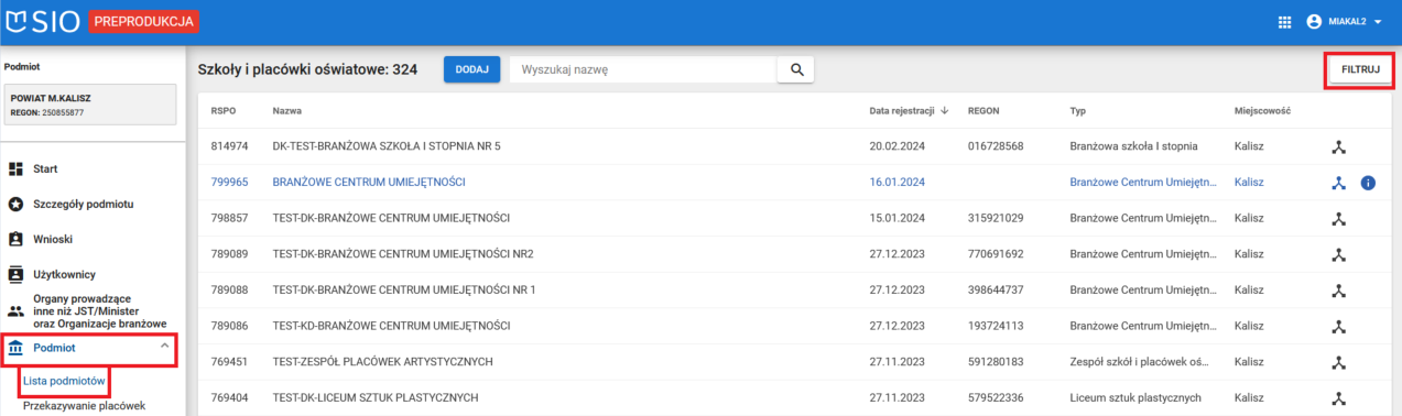 Okno z zaznaczoną opcja filtruj w prawym górnym rogu systemu