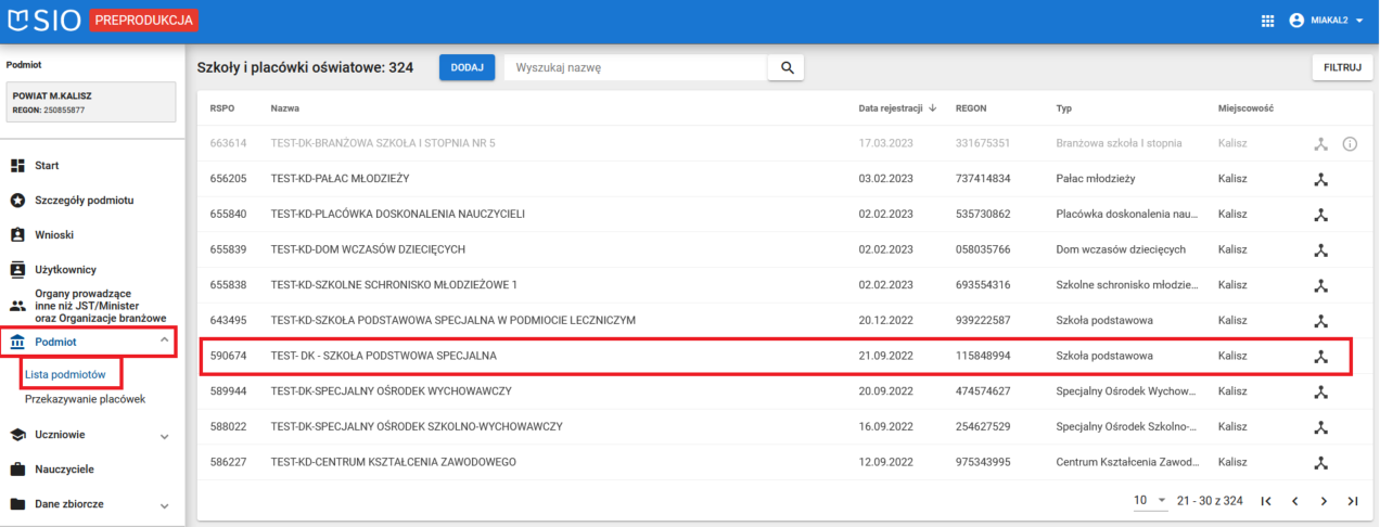 okno z zaznaczoną placówka z listy  