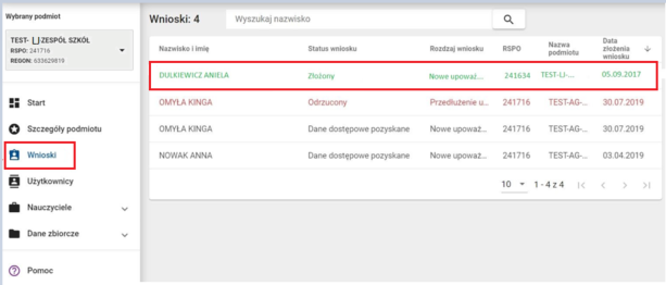 Okno z zaznaczonym nowym wnioskiem na liście