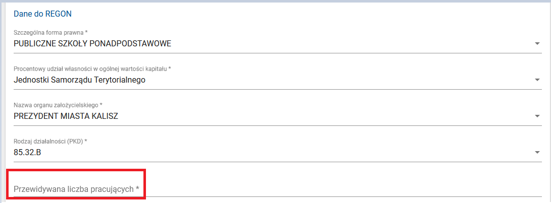 Okno z zaznaczonym polem do uzupełnienie przewidywanej liczby pracujących