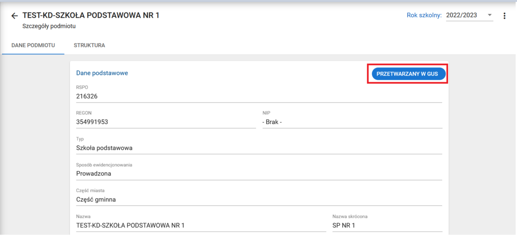Okno z zaznaczonym statusem Przetwarzany w GUS