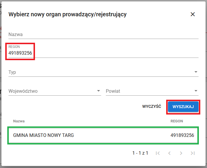 Okno z zaznaczonym wyszukanym organem JST