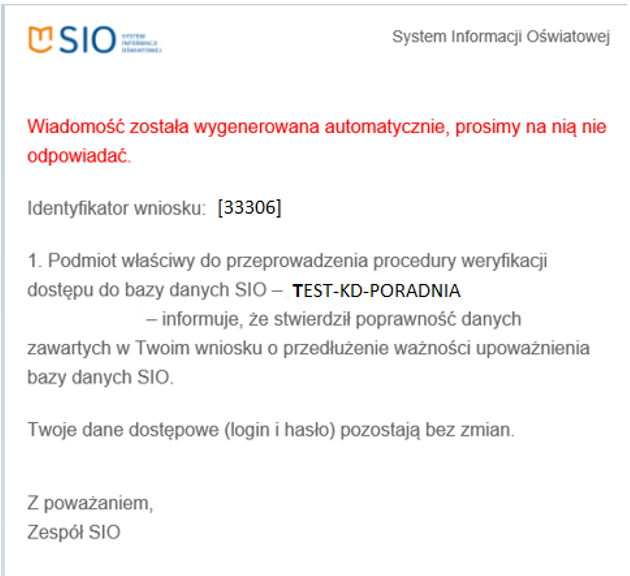 wiadomość potwierdzająca zaakceptowanie wniosku