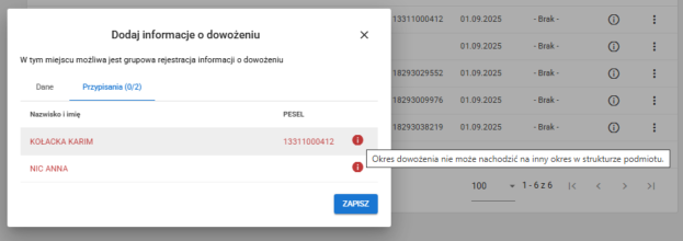 widok błędu podczas przypisywania dowożenia u wybranych uczniów