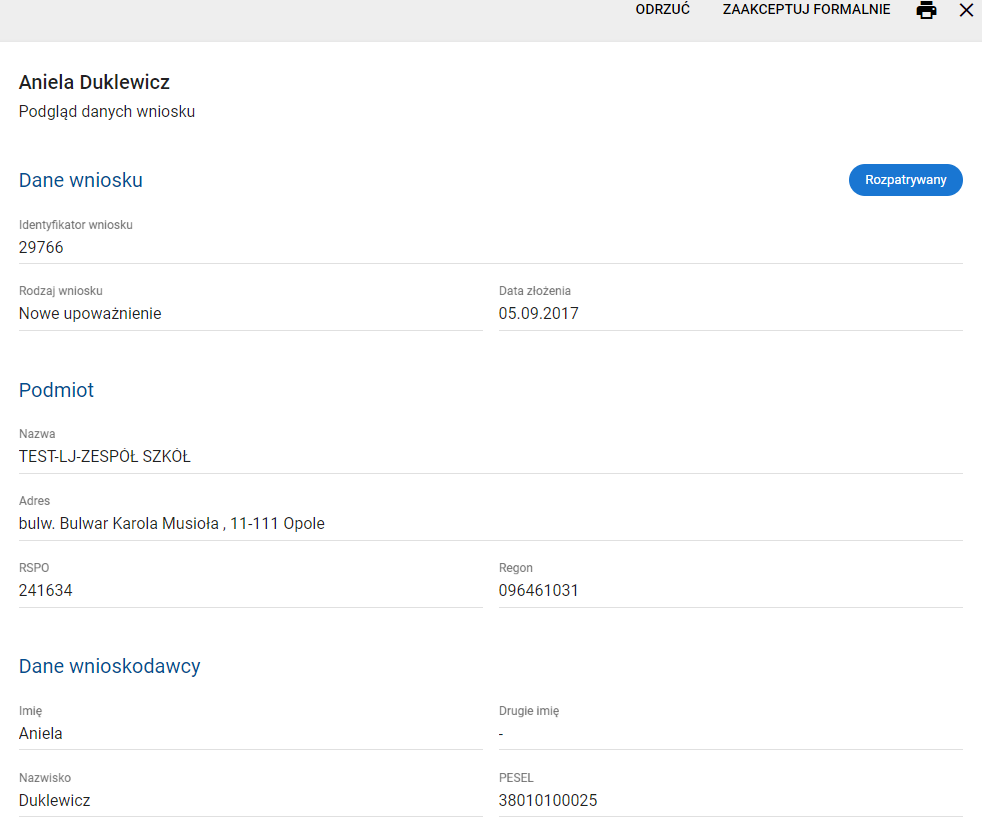 Widok danych wniosku ze statusem rozpatrywany nr 1