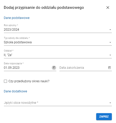 Widok formularza dodaj przypisanie do oddziału podstawowego z polami do uzupełnienia