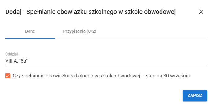 Widok formularza dodaj spełnianie obowiązku szkolnego w szkole obwodowej z polami do wypełnienia