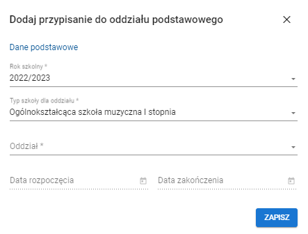 Widok formularza dodania przypisania do oddziału podstawowego z polami do uzupełnienia