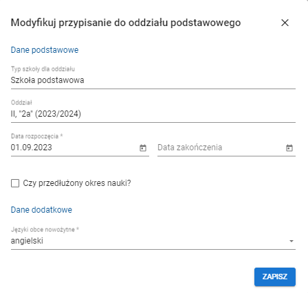 Widok formularza modyfikacji przypisania do oddziału podstawowego z wprowadzonymi zmianami i przyciskiem zapisz