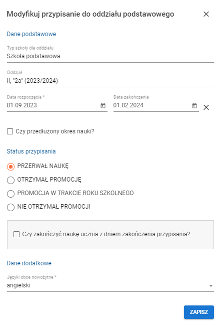 Widok formularza modyfikacyjnego przypisania do oddziału podstawowego z możliwością wyboru odpowiedniego statusu przypisania