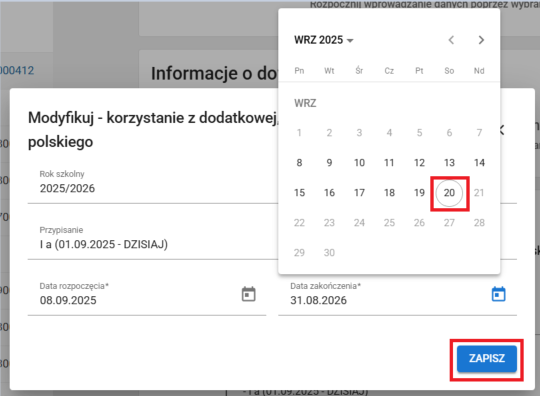 Widok formularza modyfikuj - korzystanie z dodatkowej, bezpłatnej nauki języka polskiego z edytowanymi polami