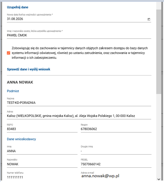 widok formularza przedłużenia upoważnienia
