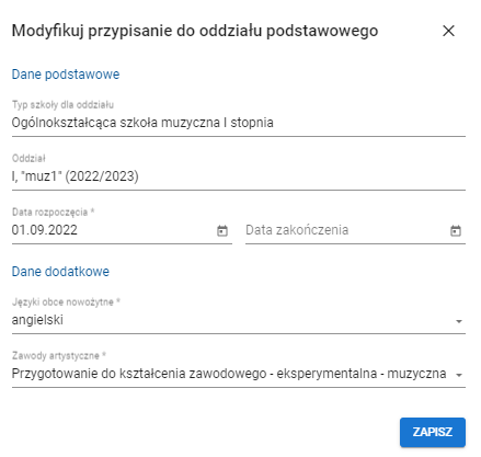 Widok formularza przyspiania do oddziału podstawowego z możliwością edycji pól