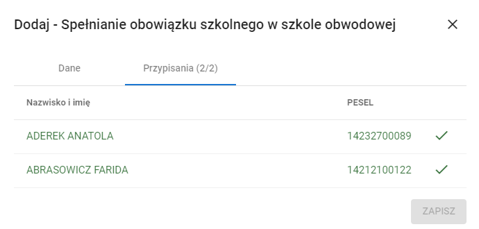 Widok grupowego przypisania uczniom spełniania obowiązku szkolnego w szkole obwodowej do zapisania