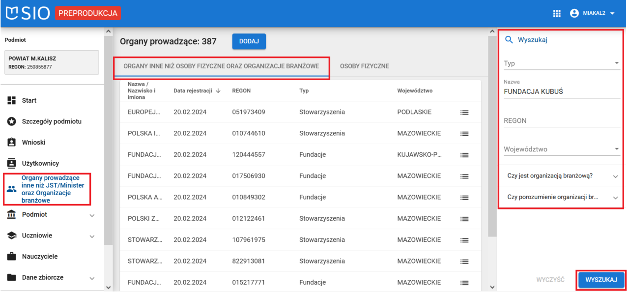 widok listy organów prowadzących innych niż JST