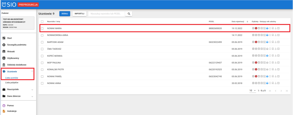 widok na listę uczniów z wybranym wpisem