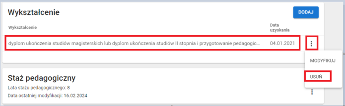 widok na możliwość usunięcia wykształcenia nauczyciela 