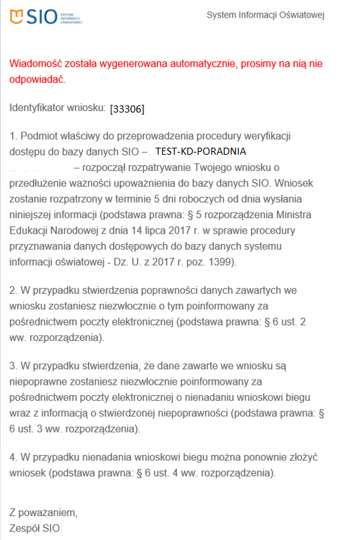 Widok na treść kolejnej wiadomość wpływającej na e-mail wnioskującego z informacją o rozpoczęciu rozpatrywania przedłużenia upoważnienia