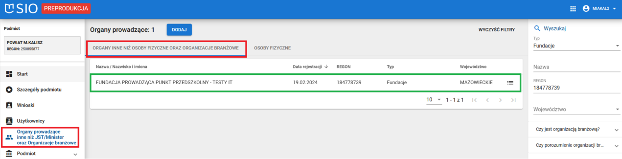 Widok na wyszukany organ prowadzący inny niż JST