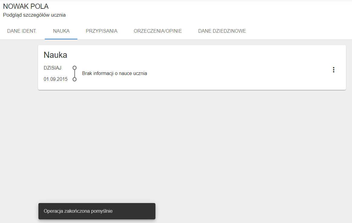 widok na zakładkę nauka po usunięciu danych 
