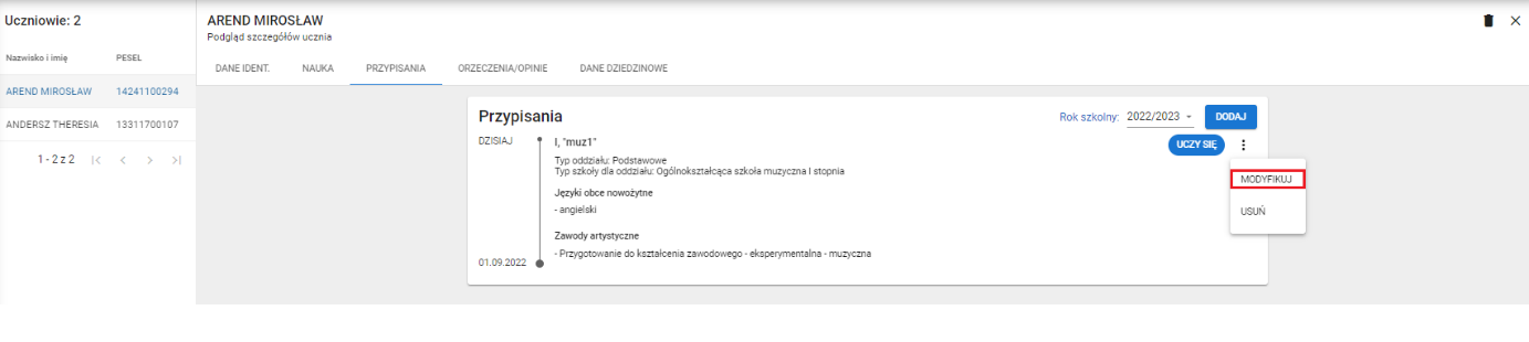 Widok na zakładkę przypisania, z możliwością modyfikacji zarejestrowanych przypisań