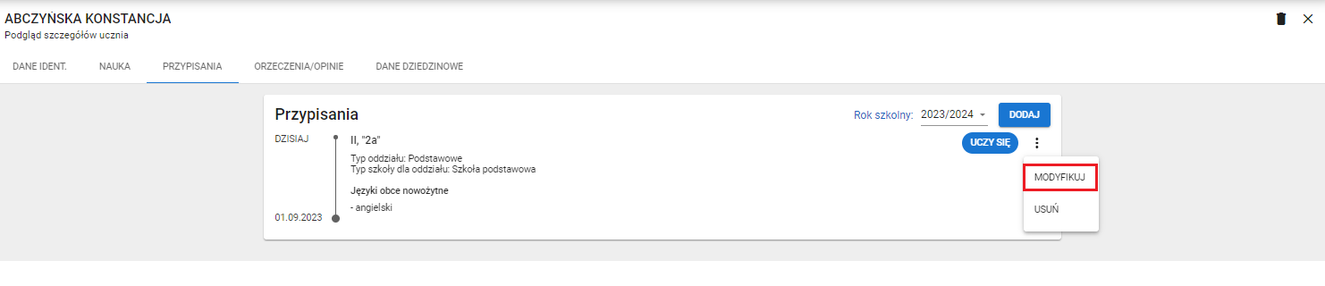 Widok na zakładkę przypisania, z możliwością modyfikacji zarejestrowanych przyspisań