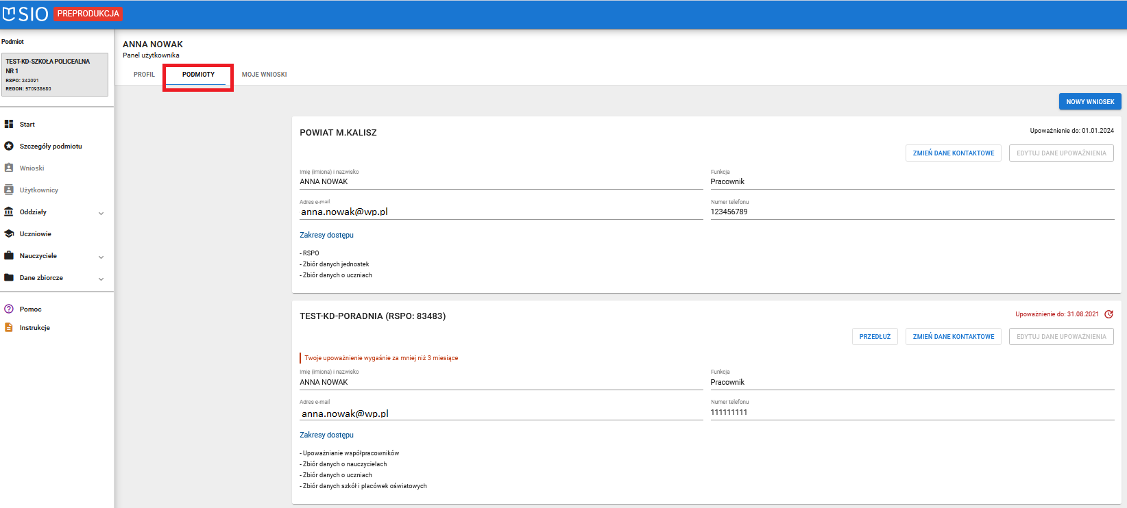 widok okna z zaznaczoną zakładką podmioty