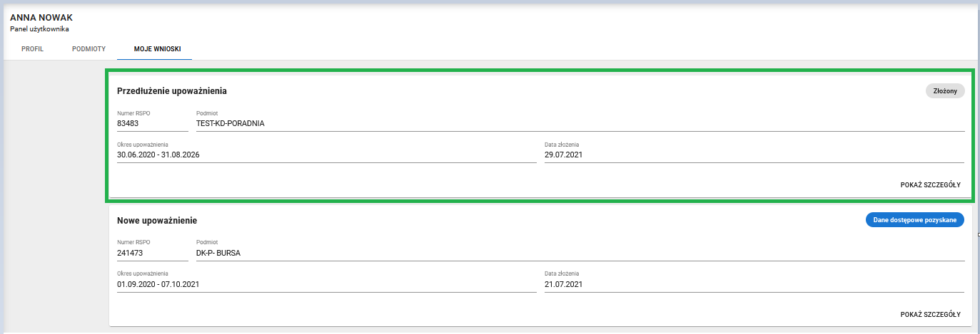 widok okna zakładki moje wniosku z zaznaczonym złożonym wnioskiem o przedłużenie upoważnienia.