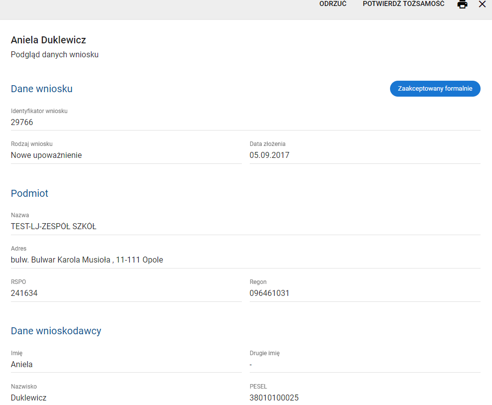 Widok statusu wniosku –zaakceptowany formalnie