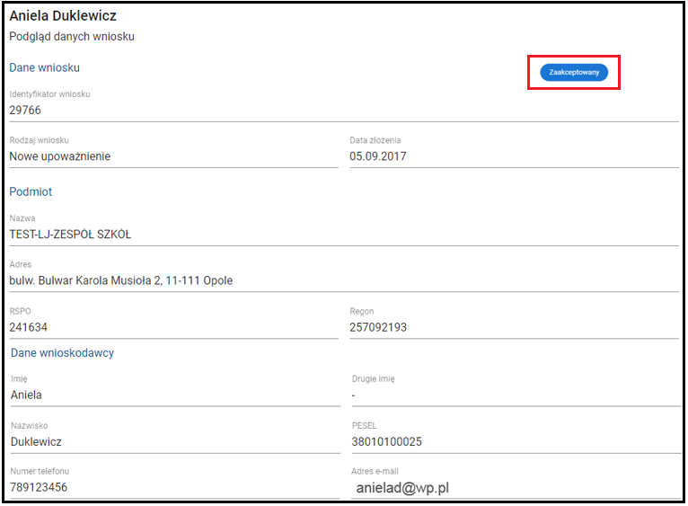 Widok statusu wniosku – zaakceptowany