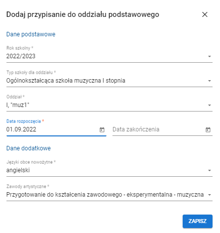 Widok uzupełnionego formularza dodania przypisania do oddziału podstawowego