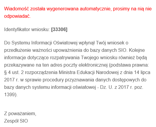 widok wiadomości informującej o wpłynięciu wniosku do systemu