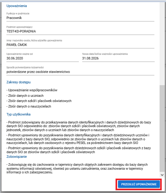 widok wprowadzonych danych przedłużenia upoważnienia