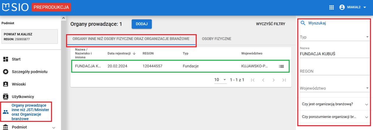 widok wybranego organu prowadzącego innego niż JST