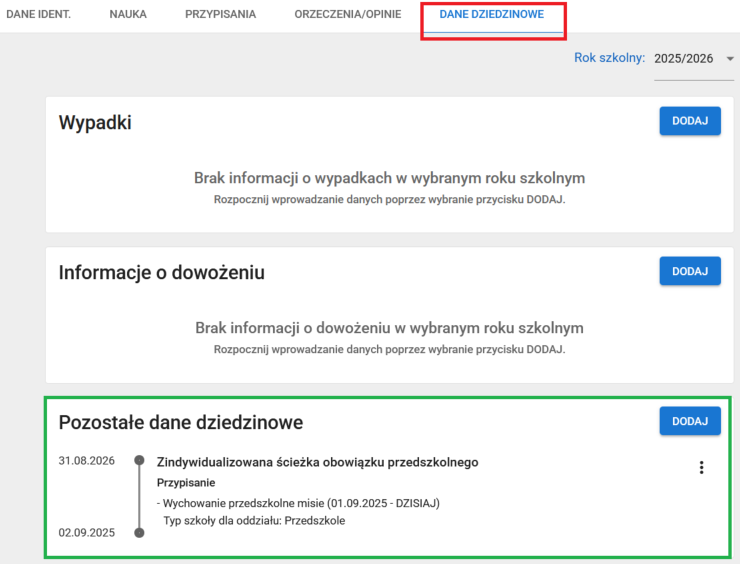 Widok zapisanych pozostałych danych dziedzinowych u ucznia placówki wychowania przedszkolnego