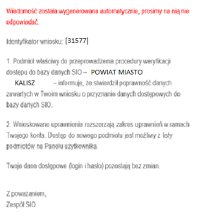 widomość email informująca o zaakceptowaniu wniosku