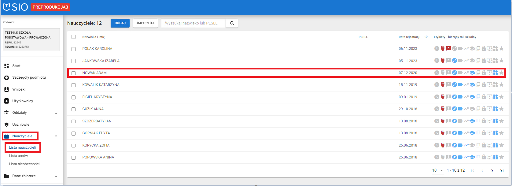 okno z widokiem na mozliwośc modyfikacji tygodniowego wymiaru zajęć z listy nauczycieli