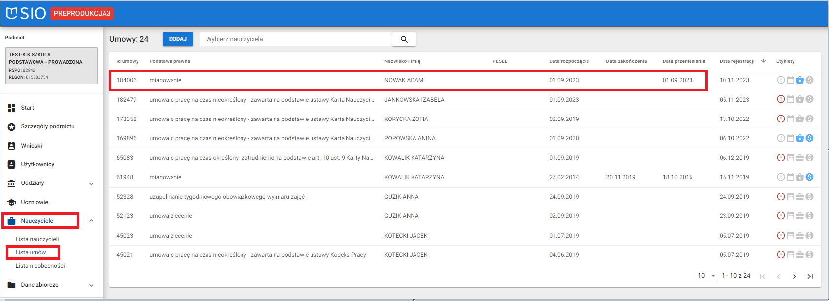 okno z widokiem na mozliwośc modyfikacji tygodniowego wymiaru zajęć z listy umów