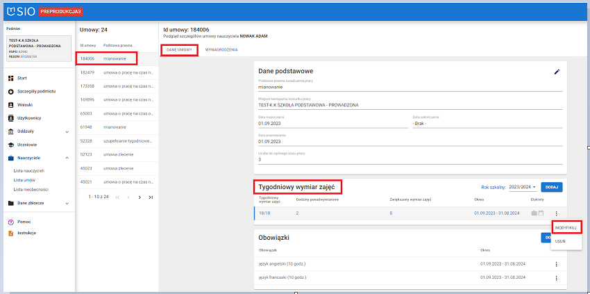 okno z widokiem na tygodniowy wymiar zajęć który ma zostać zmieniony