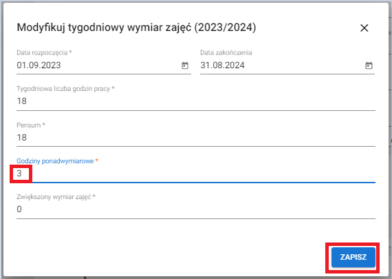 okno z widokiem na wprowadzone zmiany w tygodniowym wymiarze zajęć
