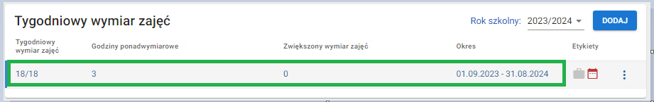 okno z widokiem na zapisany tygodniowy wymiar zajęć
