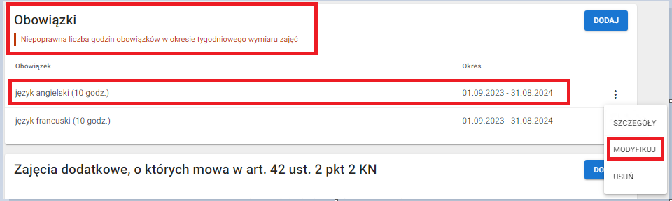 okno z widokiem na mozliwośc modyfikacji obowiązku