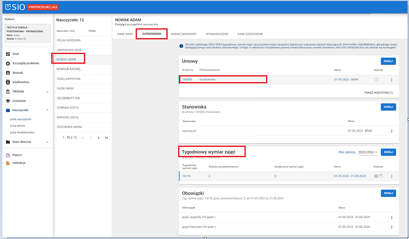 okno z widokiem na modyfikowany tygodniowy wymiar zajęć