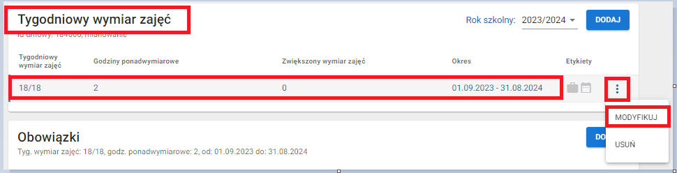 ok z widokiem na szczegóły modyfikowanego tygodniowego wymiaru zajęć