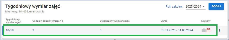 okno z widokiem na zapisany tygodniowy wymiar zajęć