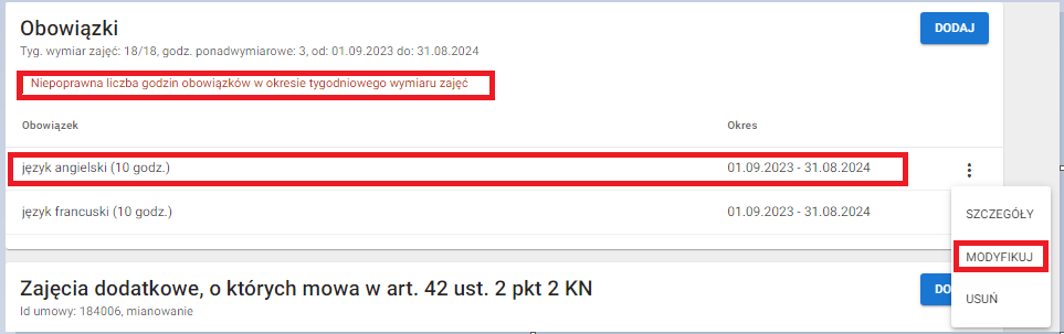 okno z widokiem na mozliwośc modyfikacji obowiązku