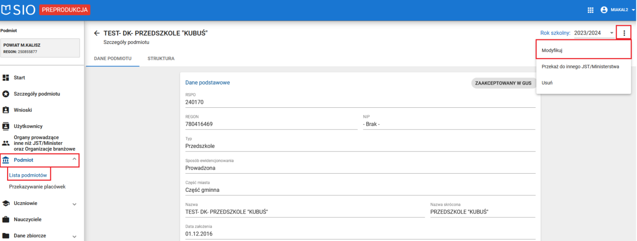 Okno z widokiem na dane placówki z oznaczoną w prawym górnym rogu funkcją modyfikacji