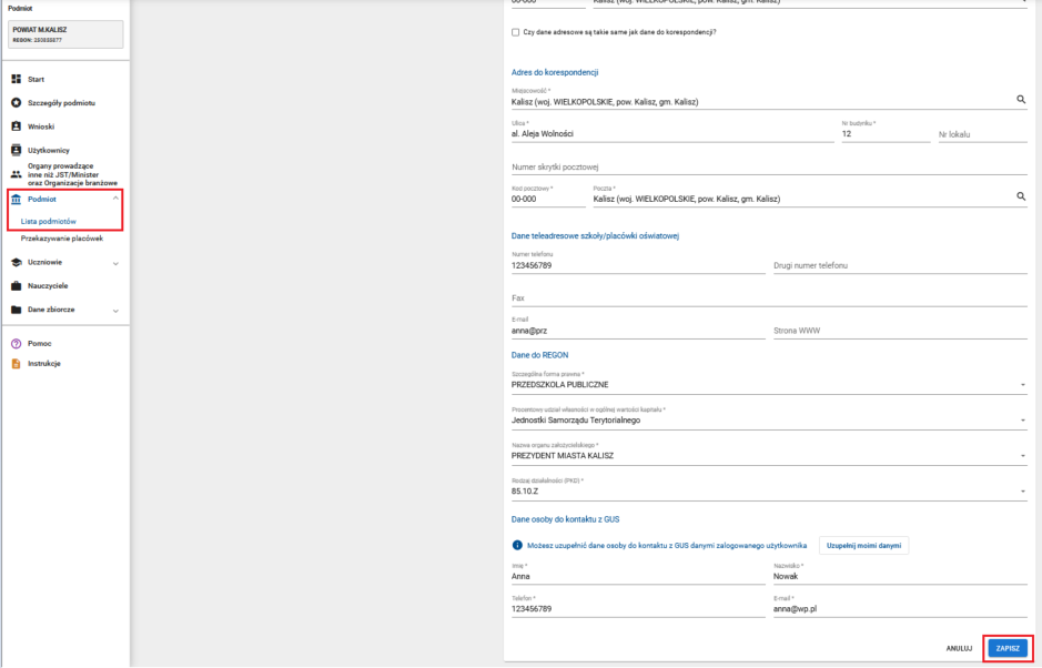 okno z widokiem na dane placówki z oznaczonym w prawym dolnym rogu przyciskiem zapisz